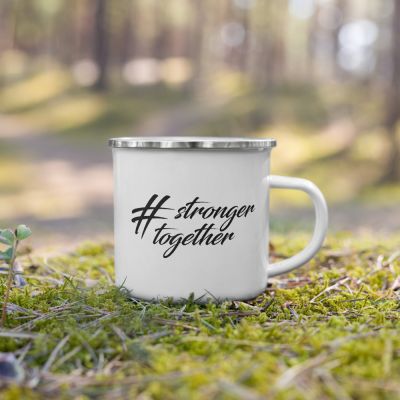 Hashtag Stronger Together Celebrating Diversity Outdoor White Enamel Camper 12oz Mug Outside