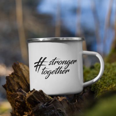 Hashtag Stronger Together Celebrating Diversity Outdoor White Enamel Camper 12oz Mug Outside