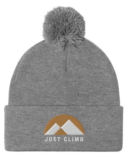 Just Climb Rock Climbing Mountain Logo on a Heather Grey Pom Pom Beanie