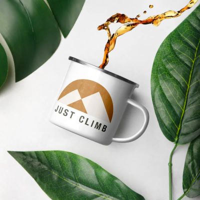 Just Climb Rock Climbing Mountains Logo Outdoor White Enamel Camper 12oz Mug Coffee and Plants