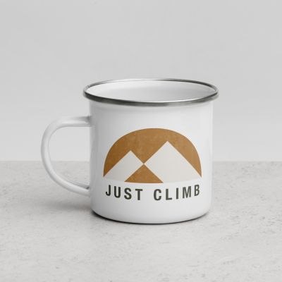 Just Climb Rock Climbing Mountains Logo Outdoor White Enamel Camper 12oz Mug Counter