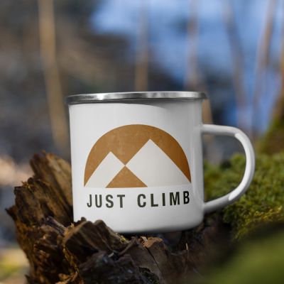 Just Climb Rock Climbing Mountains Logo Outdoor White Enamel Camper 12oz Mug Outside