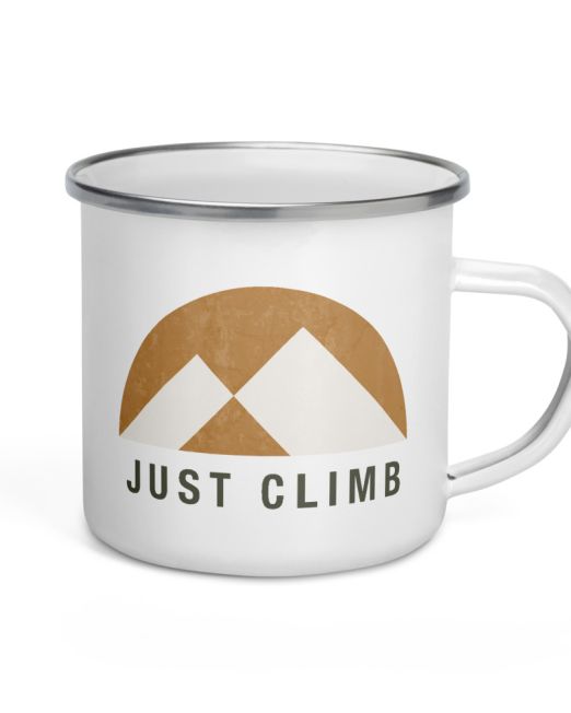 Just Climb Rock Climbing Mountains Logo Outdoor White Enamel Camper 12oz Mug