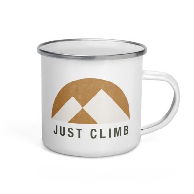 Just Climb Rock Climbing Mountains Logo Outdoor White Enamel Camper 12oz Mug