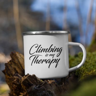 Rock Climbing is My Therapy White and Black Enamel OUtdoor Camping Mug Outside