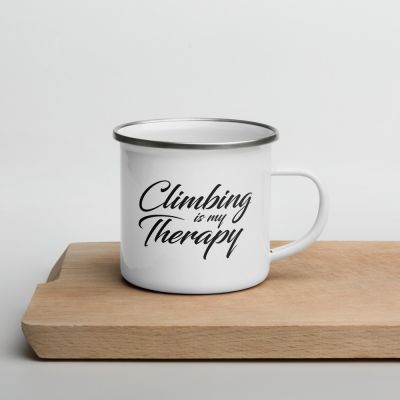 Rock Climbing is My Therapy White and Black Enamel OUtdoor Camping Mug Cutting Board