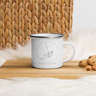 Stronger Together Celebrating Diversity Minimal One Line Woman Rock Climbing Outdoor White Enamel Camper 12oz Mug Lifestyle Photography Cutting Board