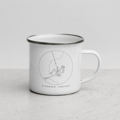 Stronger Together Celebrating Diversity Minimal One Line Woman Rock Climbing Outdoor White Enamel Camper 12oz Mug Lifestyle Photography Counter