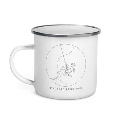 Stronger Together Celebrating Diversity Minimal One Line Woman Rock Climbing Outdoor White Enamel Camper 12oz Mug