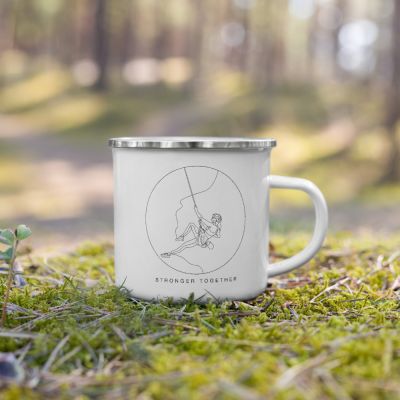 Stronger Together Celebrating Diversity Minimal One Line Woman Rock Climbing Outdoor White Enamel Camper 12oz Mug outside