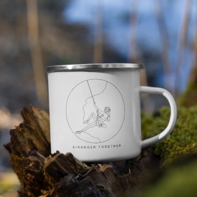 Stronger Together Celebrating Diversity Minimal One Line Woman Rock Climbing Outdoor White Enamel Camper 12oz Mug Outside