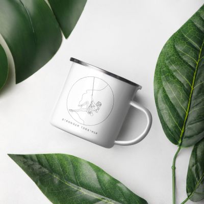 Stronger Together Celebrating Diversity Minimal One Line Woman Rock Climbing Outdoor White Enamel Camper 12oz Mug Lifestyle Photography Counter Plants