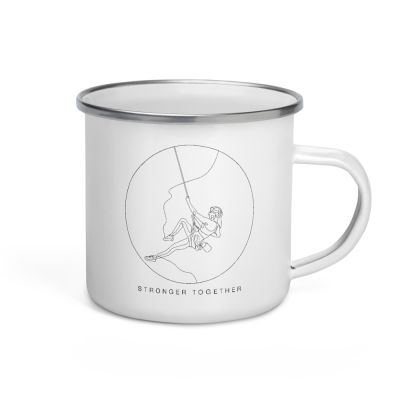 Stronger Together Celebrating Diversity Minimal One Line Woman Rock Climbing Outdoor White Enamel Camper 12oz Mug