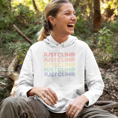 Just Climb Retro Hippie Rock Climbing-pullover hoodie featuring a happy smiling blonde woman in the woods