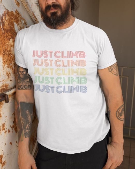 Just Climb Retro Hippy Colorful Rock Climbing basic Mens t shirt Design