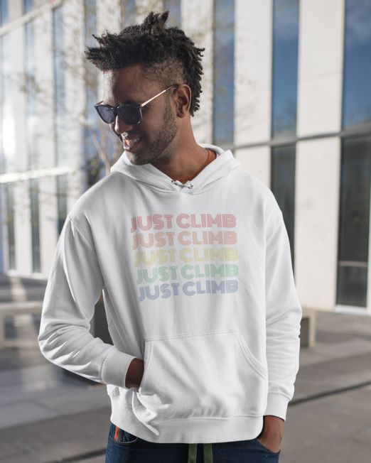 Just Climb Retro Rock Climbing hoodie mockup of a cool young man out and about in a city
